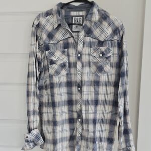 BKE Men's White and Blue Plaid Western Button-Down Shirt